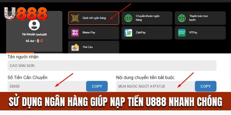 Sử dụng ngân hàng để nạp tiền vào U888 tiện lợi và nhanh chóng